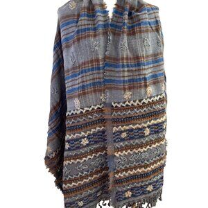 Vintage Wool Blend Scarf Wrap Embroidered Beaded Floral Fringe 26” x 74” Boho